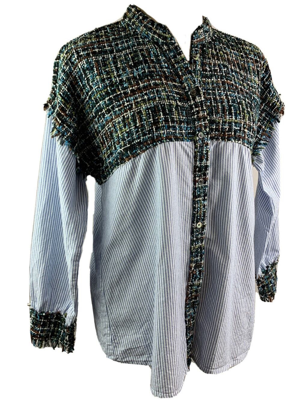 Medium Zara Basics Collection Mixed Fabric Womens Button Up Shirt Top